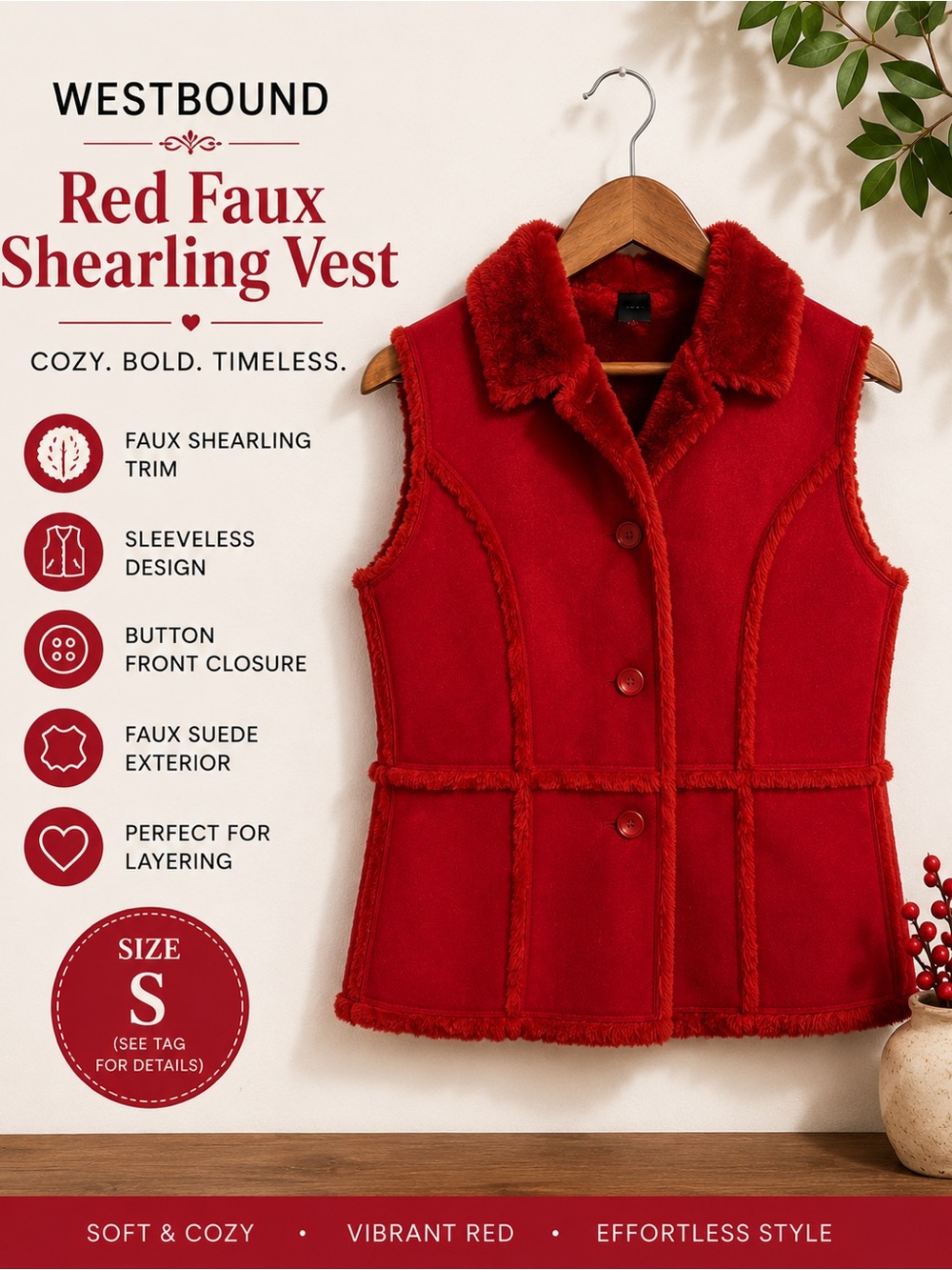 Westbound Red Faux Shearling Vest Faux Suede Button Front Sleeveless Size S Cozy